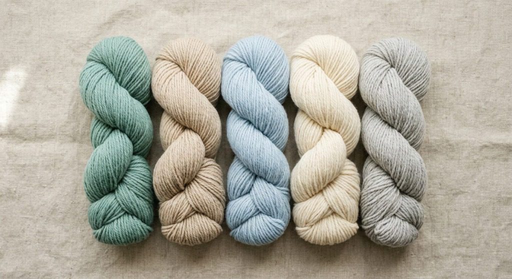 Coastal Grandmother yarn palette: soft beige, muted seafoam green, pale blue, cream, light gray