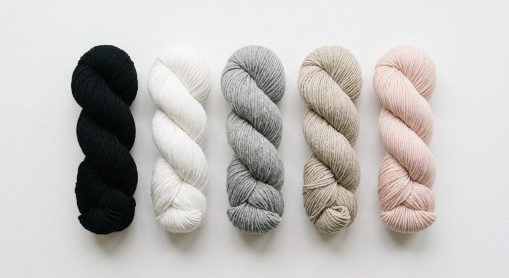 Minimalistic yarn palette: black, white, soft gray, muted beige, pale pastel