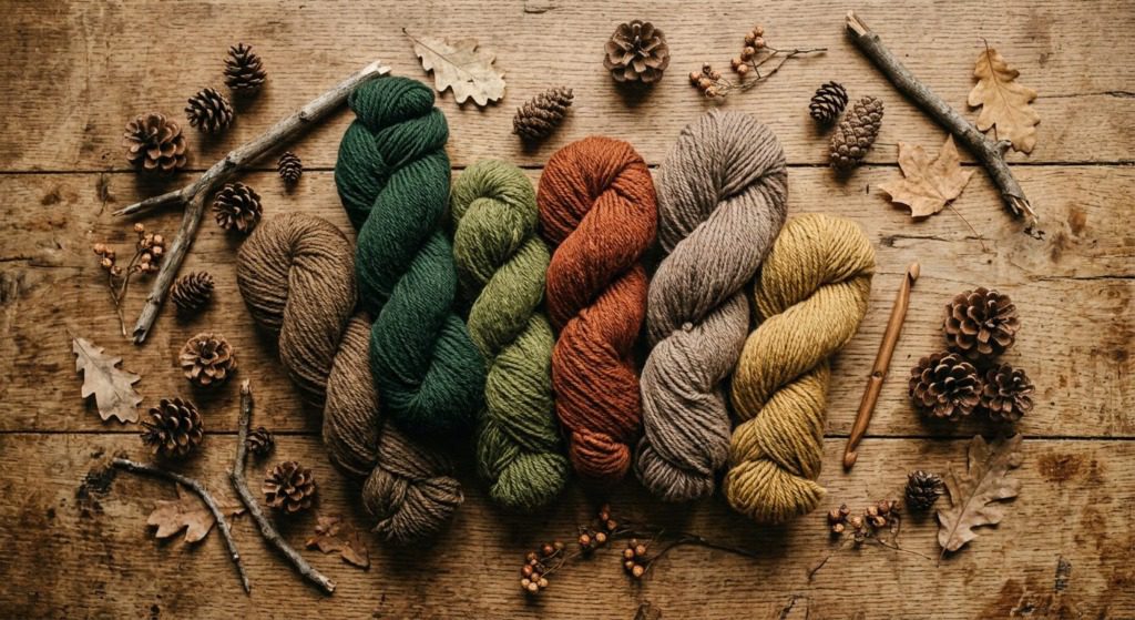 Woodland Rustic yarn palette: forest green, moss, burnt sienna, taupe, muted gold