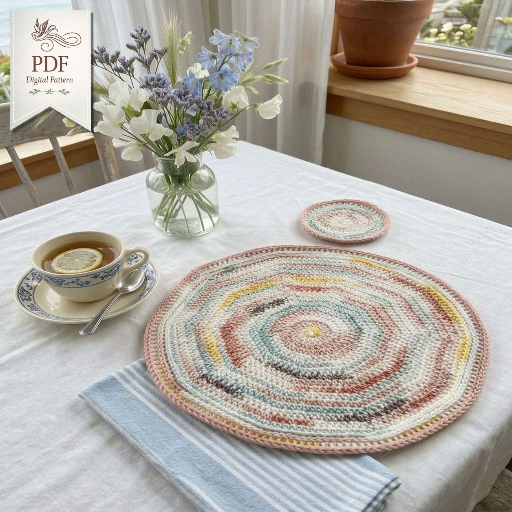 Round Crochet Placemat and Coaster Set Pattern | Farmhouse Table Decor, Spiral Design (PDF)