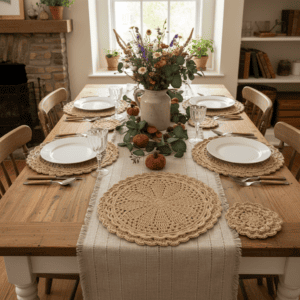 Cotton Crochet Handmade Placemat and Coaster: Fluted Edge Design | Cottage Homeware | Elegant Table Decor