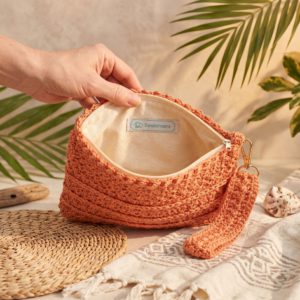 Crocheted Cotton Wristlet Pouch | Boho Lined Zipper Clutch, Small Organizer Bag