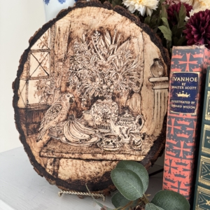 Hand-Burned Parrot Still Life on Live Edge Wood Slice, Tea Party Wall Decor (11x13.5)