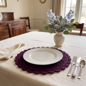 Hand Crocheted Cotton Lace Placemat, English Manor Style, Scalloped Edge (Approx. 15" Diameter)